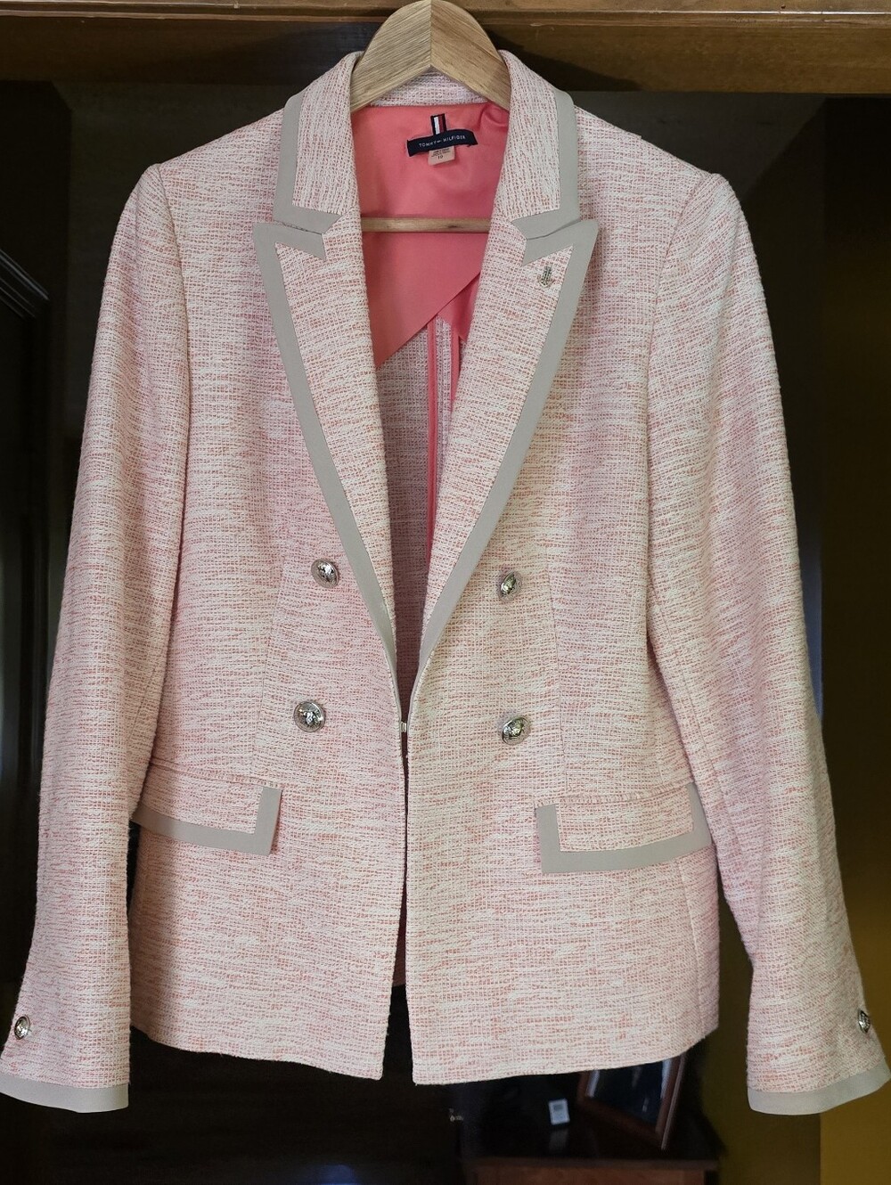 Tommy Hilfiger Double-Breasted Tweed Jacket Blazer Pink Size 10 Preppy